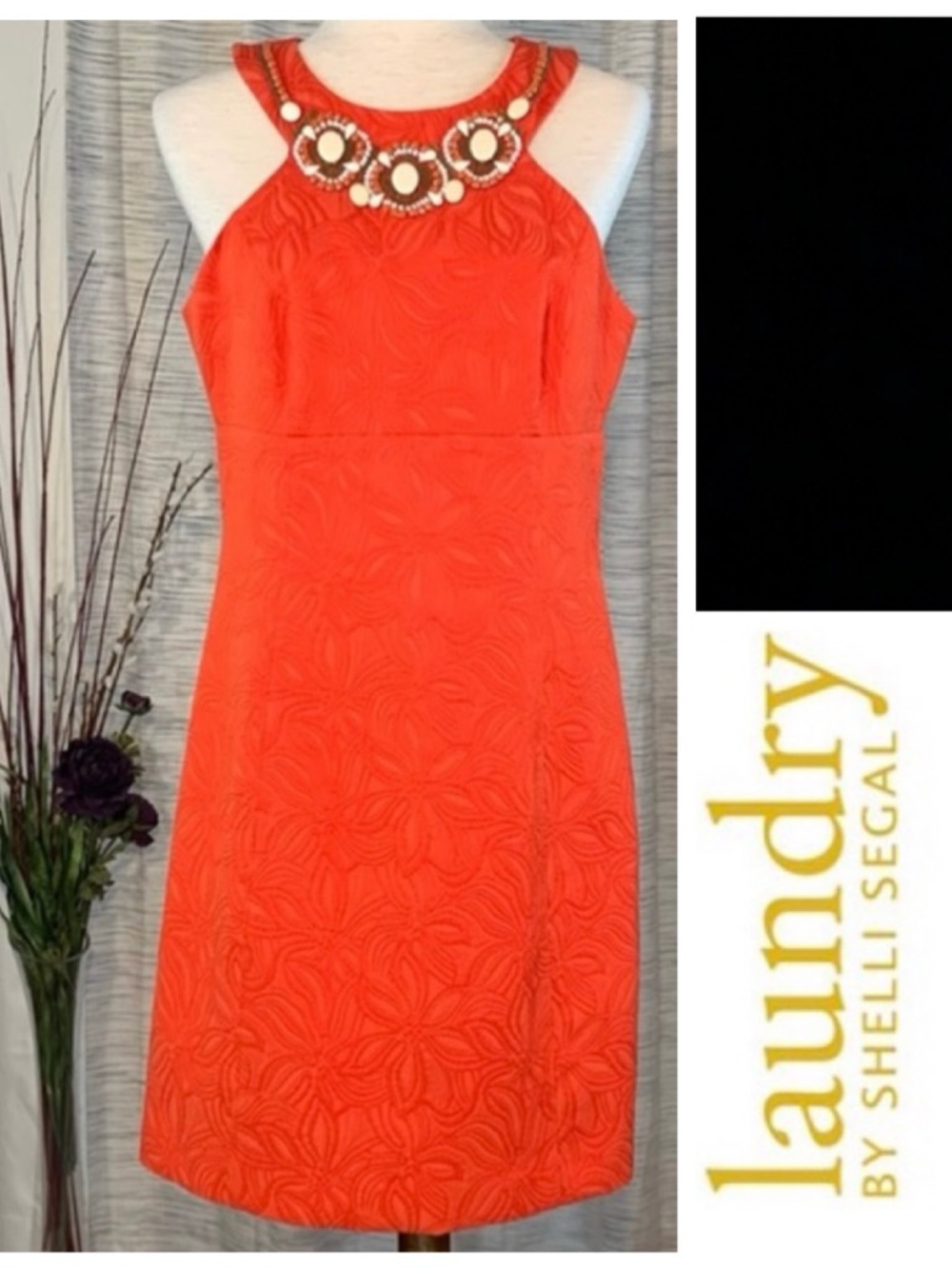 Laundry by Shelli Segal orange beaded sleeveless sheath dress.